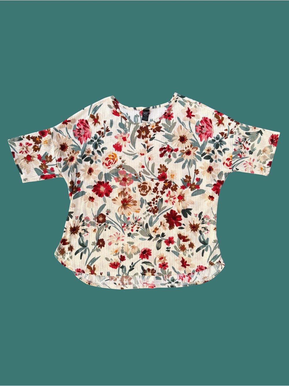 Lildy Floral Garden Print Waffle Knit 3/4 Sleeve Tunic Blouse ~ Women’s 2XL-3XL